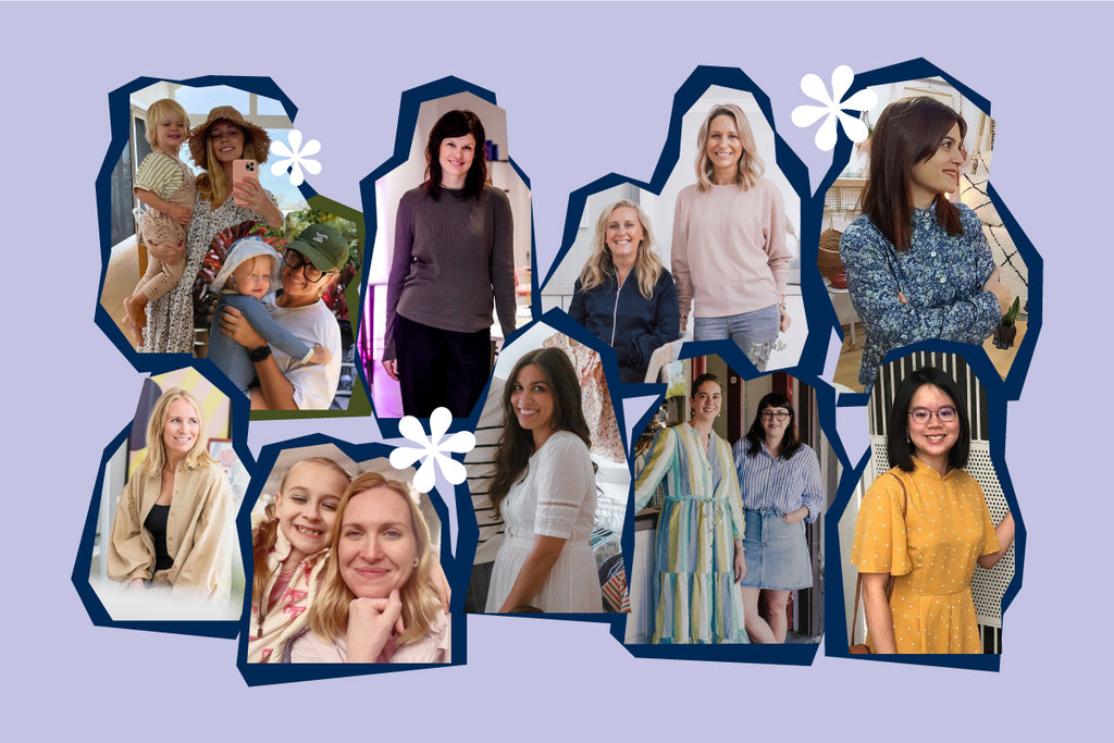 A collage of women on a Lilac background. They are cut out in a collage style, with white flowers scattered across.