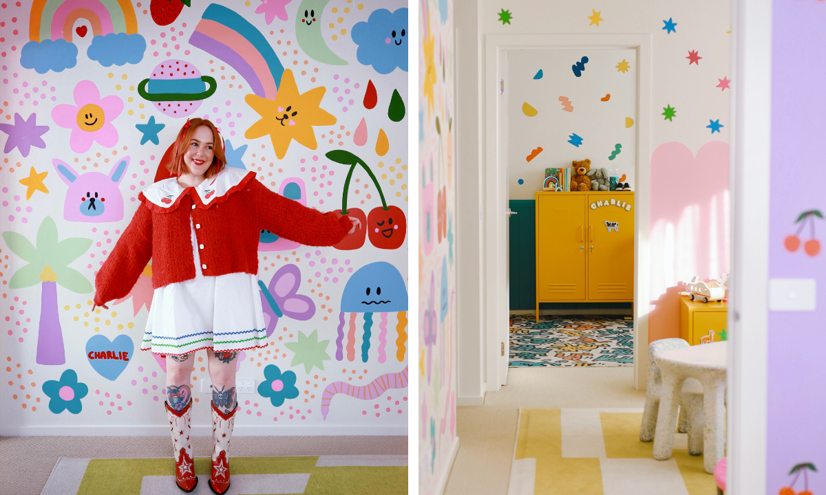 Cass Danson standing in front of a colourful wall in her home with a Mustard locker