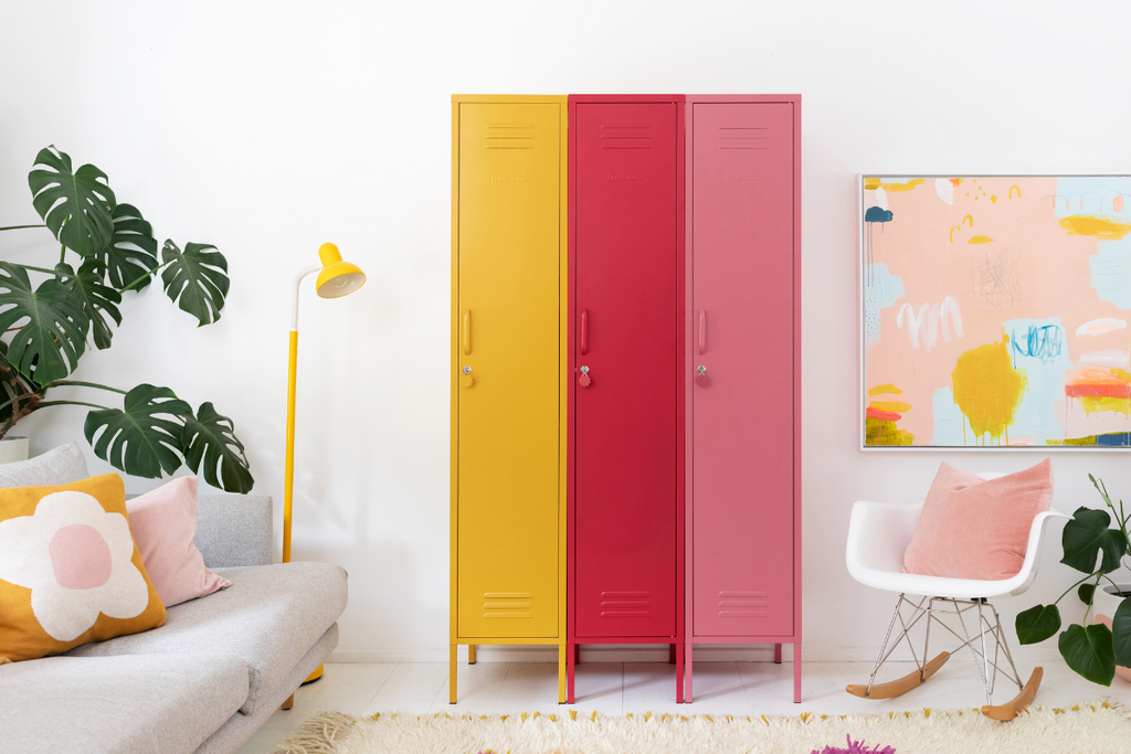 a trio of skinny lockers lined up