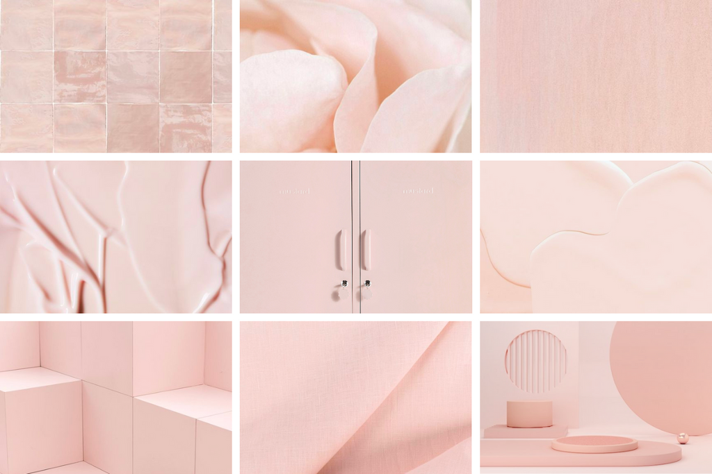 A grid of 9 blush pink images of different textures and finishes