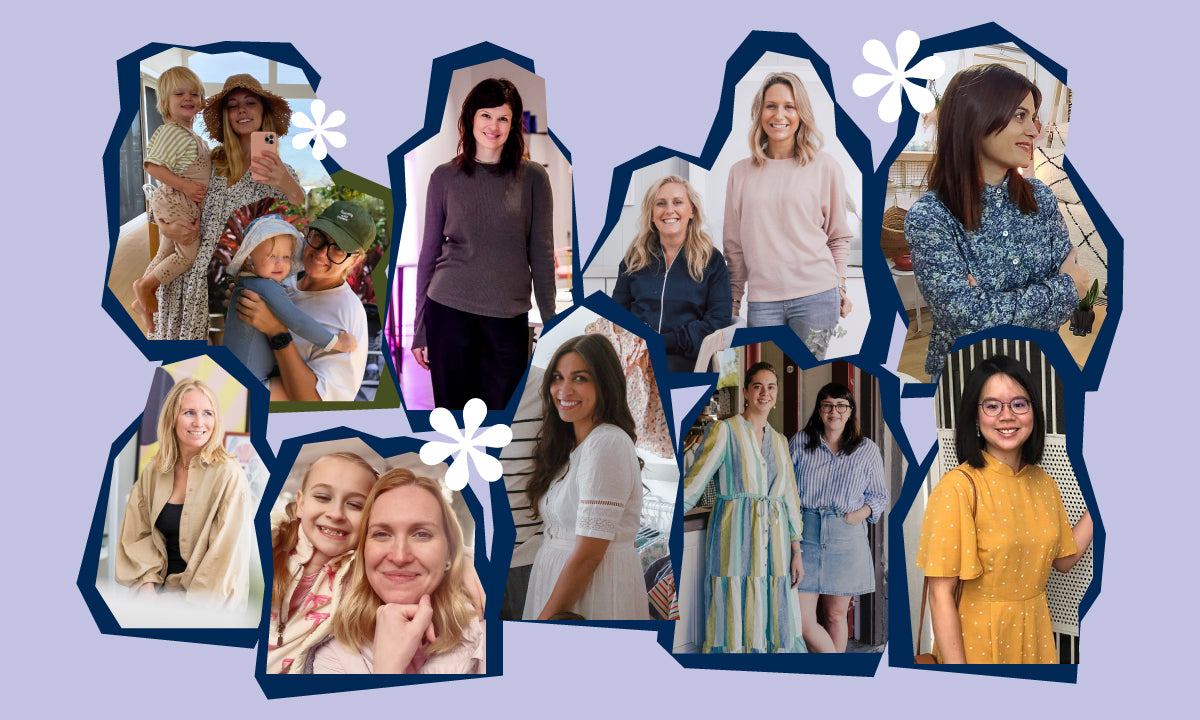 Un collage de femmes sur un fond lilas. Elles sont découpées dans un style collage, avec des fleurs blanches éparpillées.