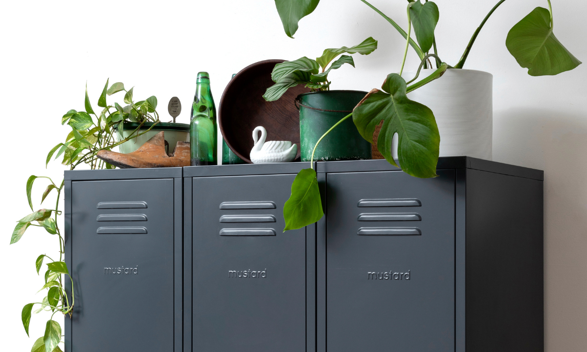 Trois casiers Skinny en ardoise alignés les uns à côté des autres avec des plantes en pot sur le dessus.